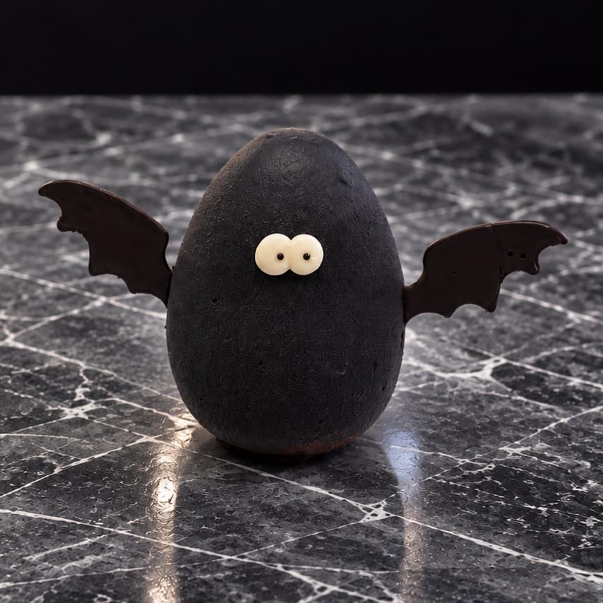 Vegan Bat Halloween porsjonskake formet som en flaggermus med vegansk sjokolademousse og sjokoladevinger