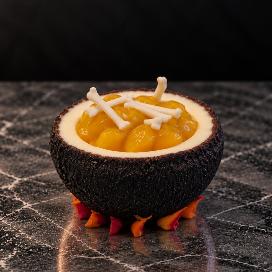 Witch’s Kettle Halloween porsjonskake med mango, pasjonsfrukt og kokos