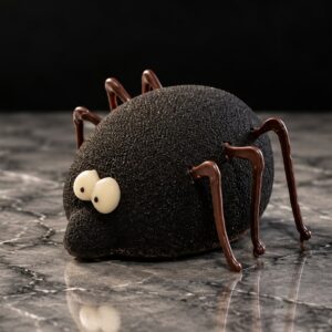 Spider Halloween porsjonskake formet som en svart edderkopp med sjokoladeben og lyse øyne