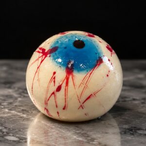 Eye of Darkness Halloween porsjonskake formet som et blodig øye med bringebær og pistasjganache